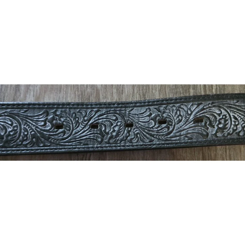 Tony Lama Mens 38 Black Top Grain Leather Floral Belt Silver Turquoise Buckle